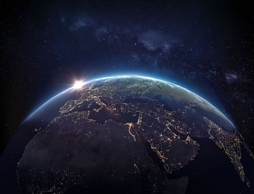 Photo of planet earth on black background at night, Turkey, Europe and Middle East City Lights from space, world map at night, 4K Satellite view.