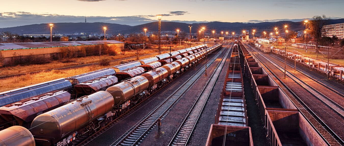 Cargo train platform at sunset with container, Trains, Railway