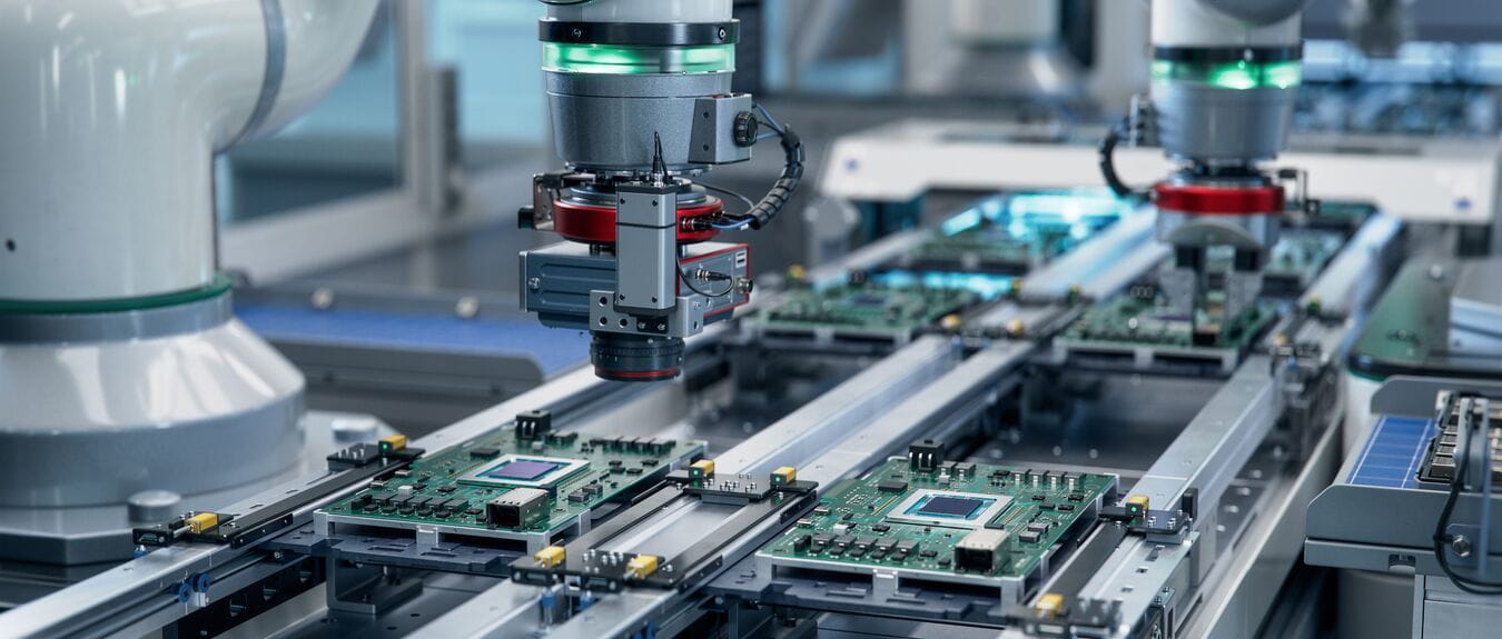 Component Installation and Quality Control of Circuit Board. Fully Automated PCB Assembly Line Equipped with High Precision Robot Arms at Electronics Factory.