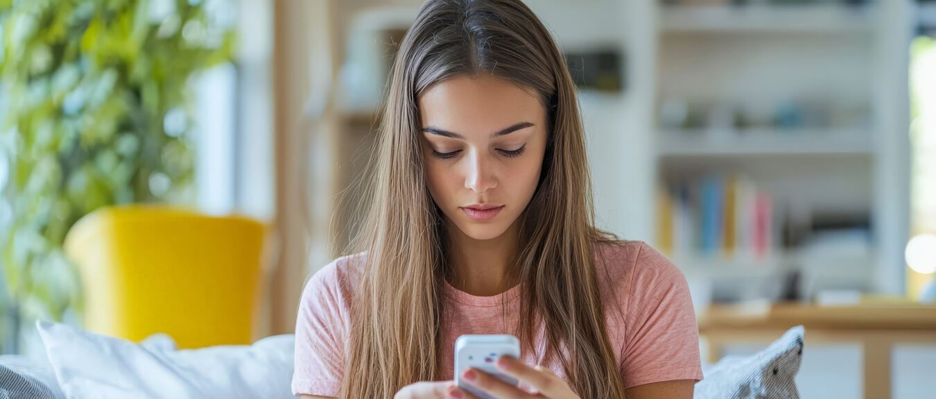 Young woman with a glucose monitor, concerned about diabetes, modern setting